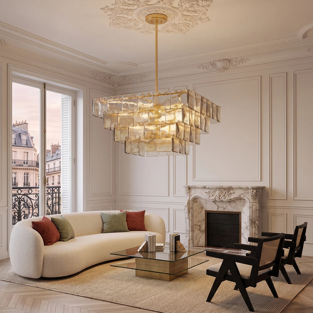 Smoked glass chandelier in a Parisian living room with a marble fireplace