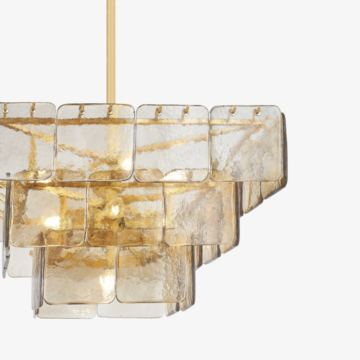 Close-up of the chandelier tiers showing the stepped glass panel edges