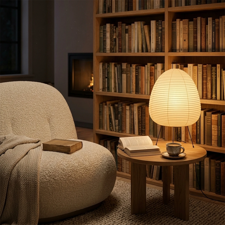 Paper table lamp glowing beside a bouclé chair in a book-lined reading corner