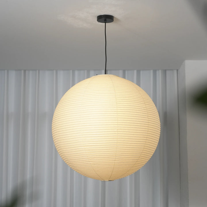 Round_Washi_Paper_Pendant_Light_Side_View_With_Sheer_Curtains_Woorglamp