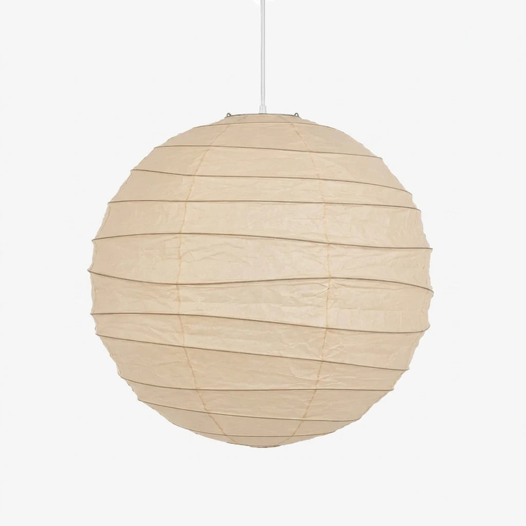 Spherical mulberry paper pendant shade with ribbed detailing on a soft grey background