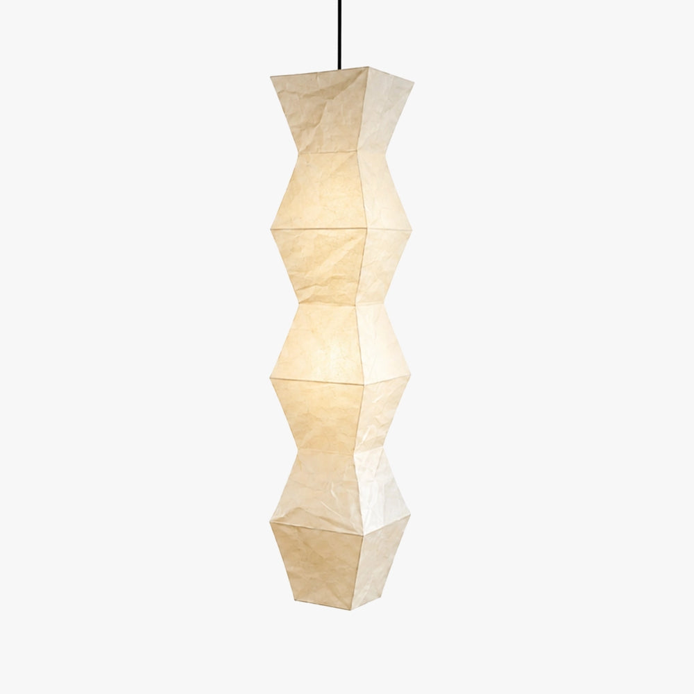 Stacked diamond paper pendant light lit from within, shown on a light gray background at full drop