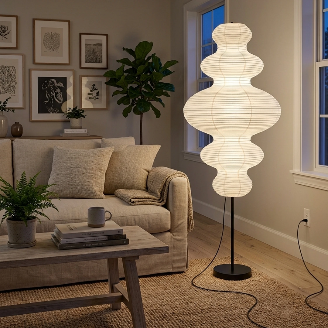 Stacked paper floor lamp in a warm living room beside a leafy plant