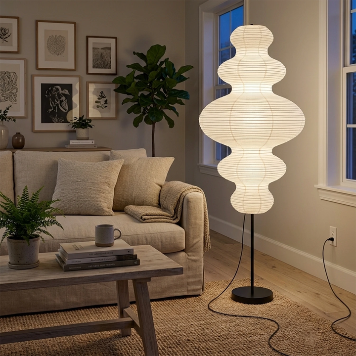 Stacked paper floor lamp in a warm living room beside a leafy plant