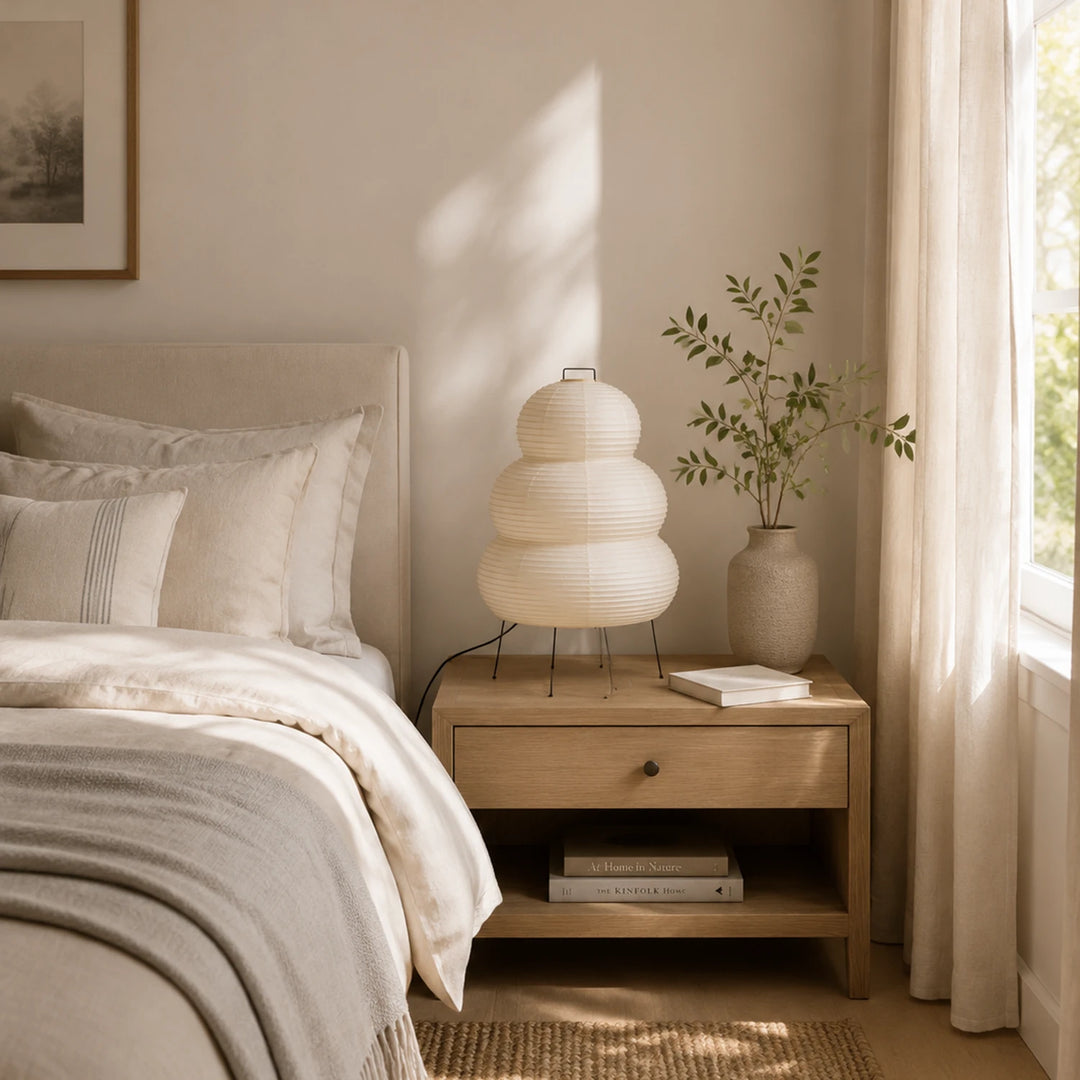 Stacked paper table lamp beside a bouclé armchair in a sunlit window corner
