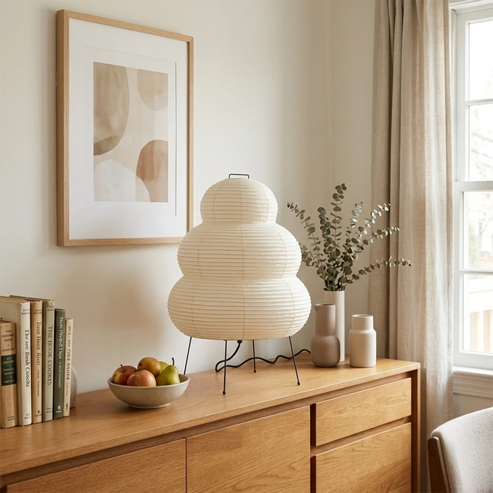 Stacked paper table lamp on an entry console beneath an arched mirror