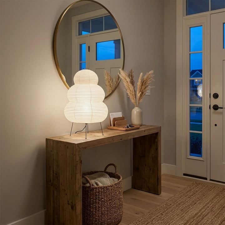Stacked paper table lamp on a side table beside a neutral linen sofa