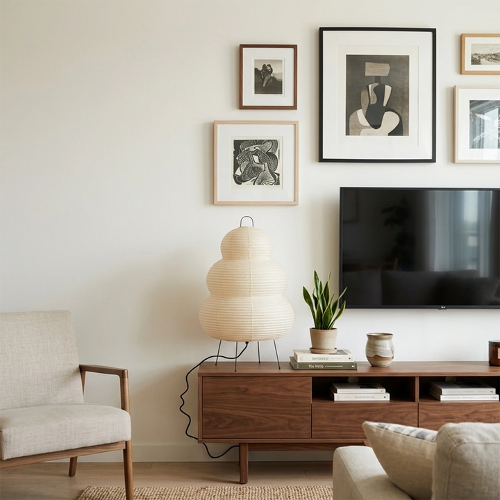 Stacked paper table lamp on a vanity desk beneath a round mirror