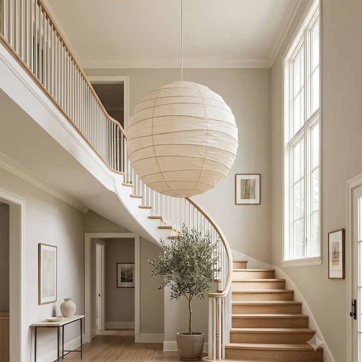 Paper globe light suspended in a double-height stairwell above a curved staircase