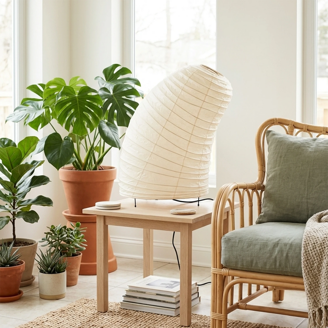 Shell-shaped paper lamp on a round table beside a grey armchair