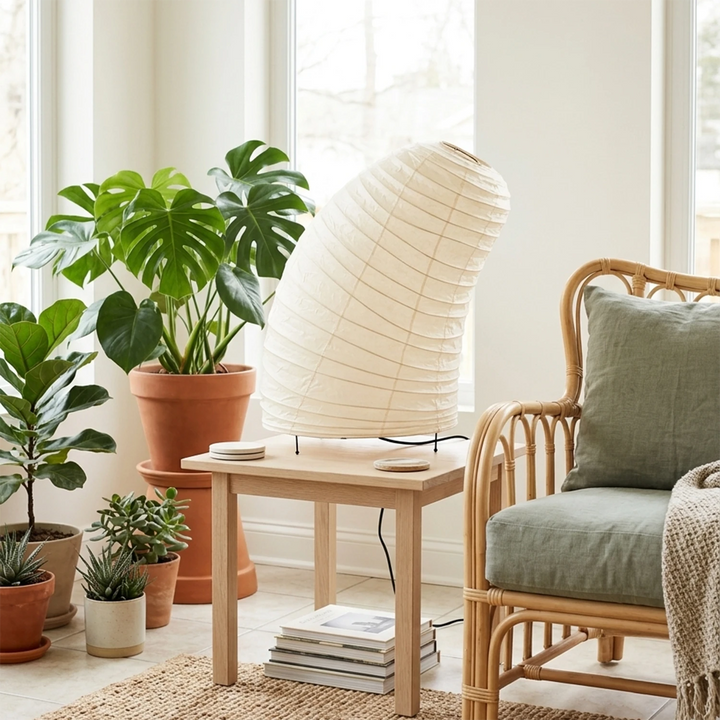 Shell-shaped paper lamp on a round table beside a grey armchair