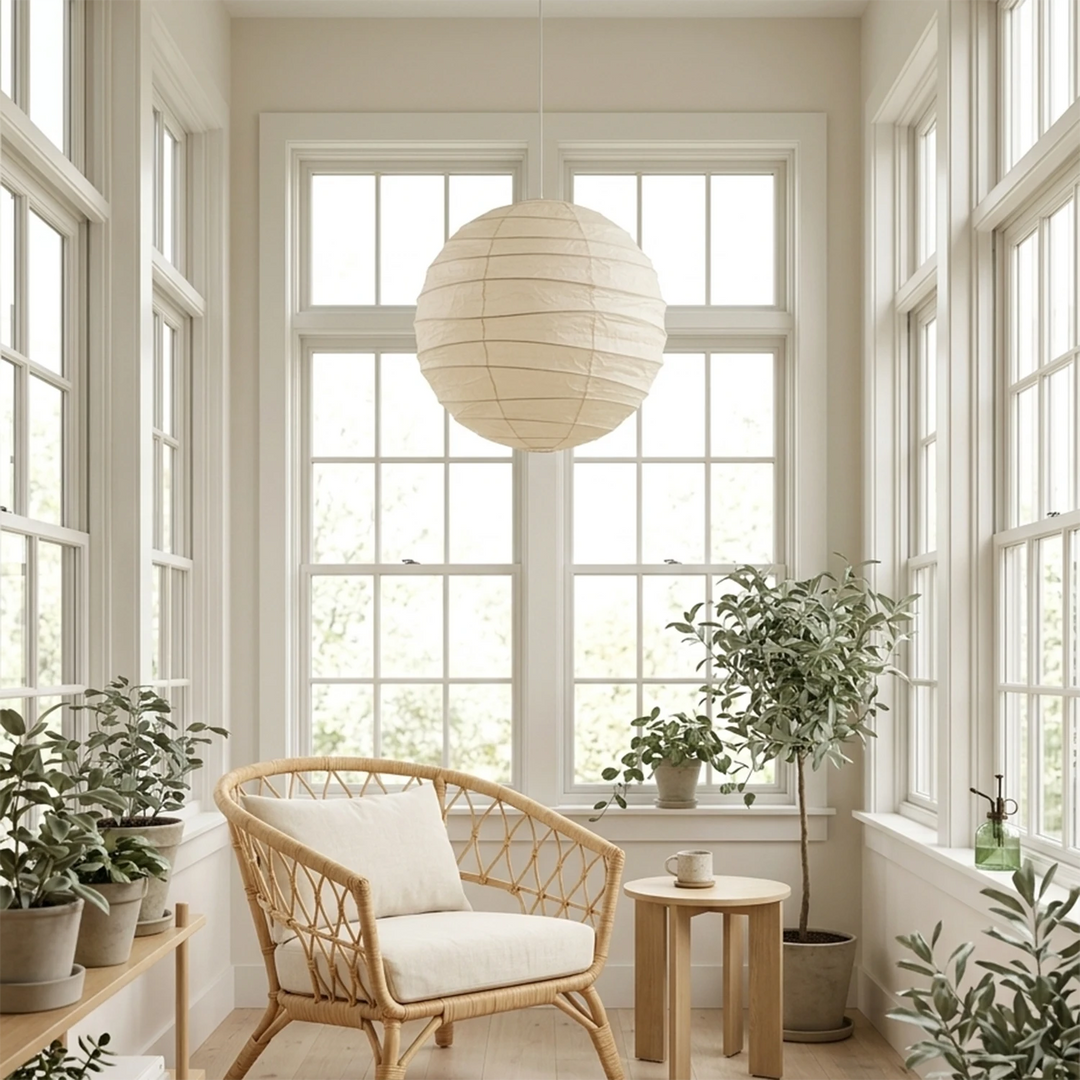 Paper pendant glowing in a bright sunroom with rattan seating and plants