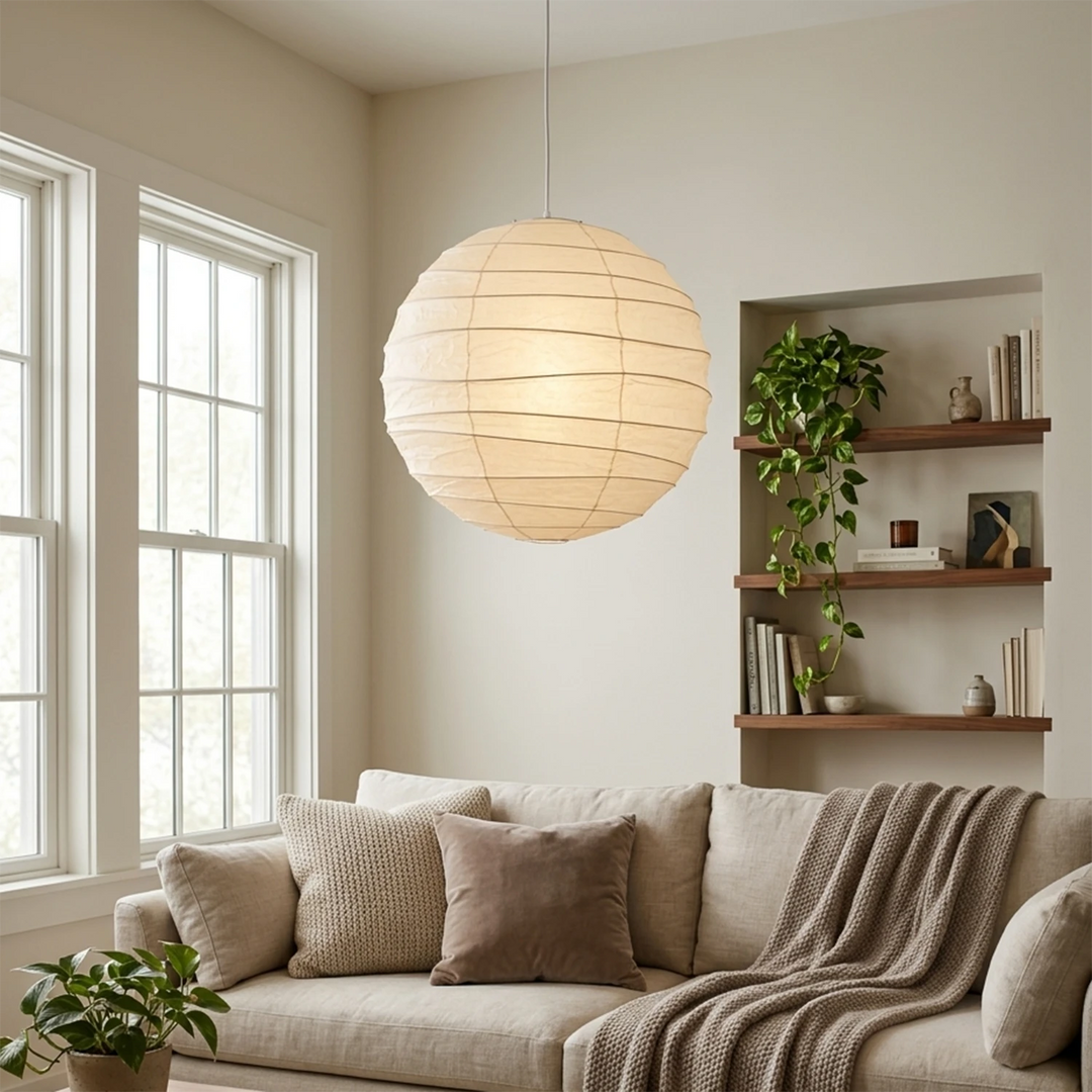 Paper pendant beside tall windows in a lounge with a cream sectional sofa