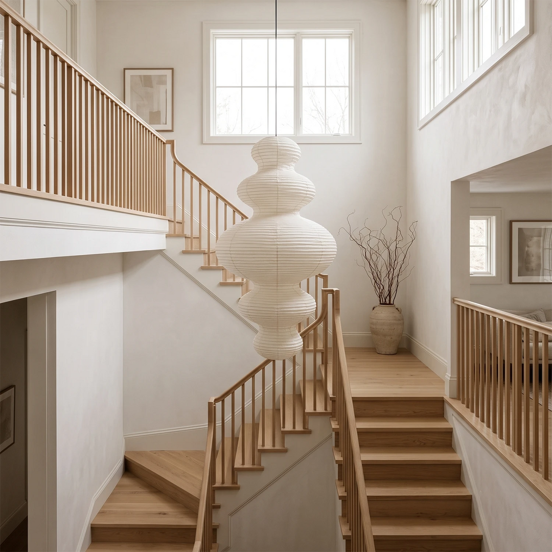Tiered gourd paper pendant as a tall drop beside a wooden staircase