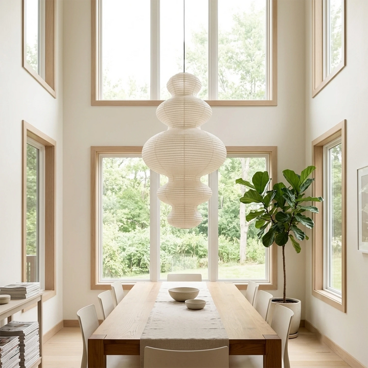 Tiered gourd paper pendant in a bright dining room beneath tall windows
