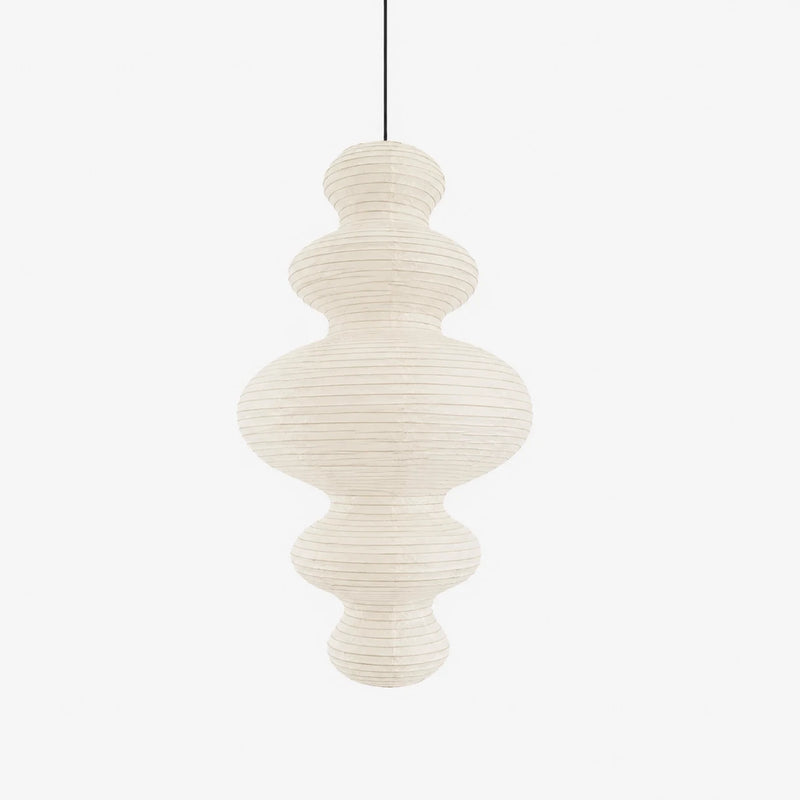 Sculptural tiered gourd-shaped mulberry paper pendant shown unlit on a soft grey background