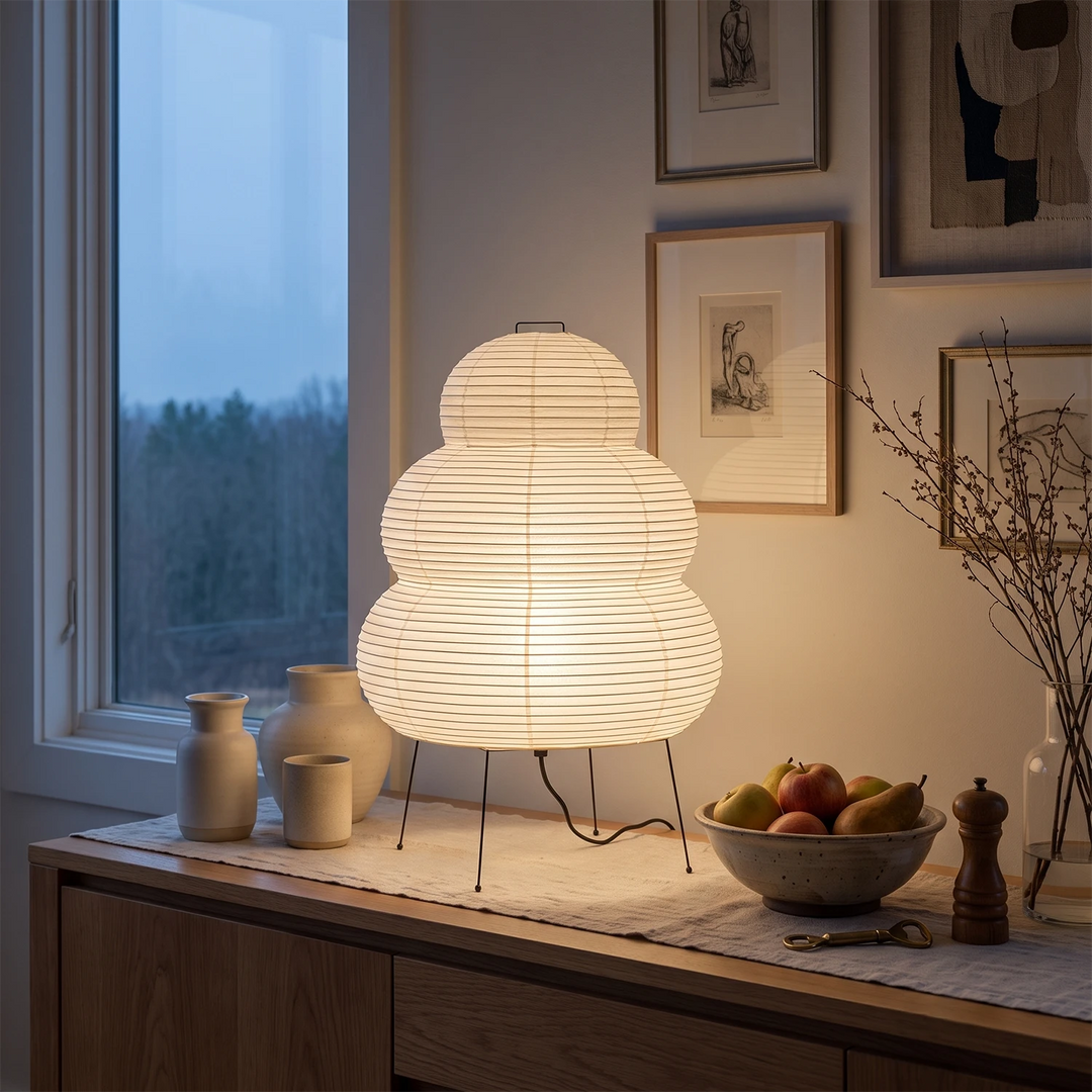 Tiered paper table lamp on a console beside a dark evening window
