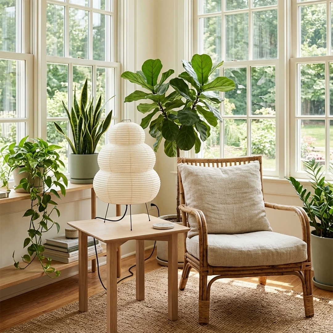 Tiered paper table lamp on a media console in a bright living room