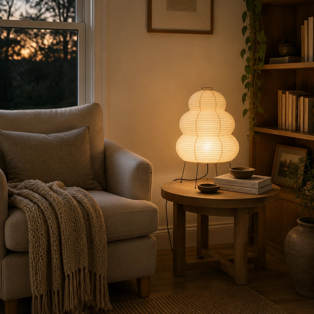 Tiered paper table lamp on a side table in a cozy reading corner at evening
