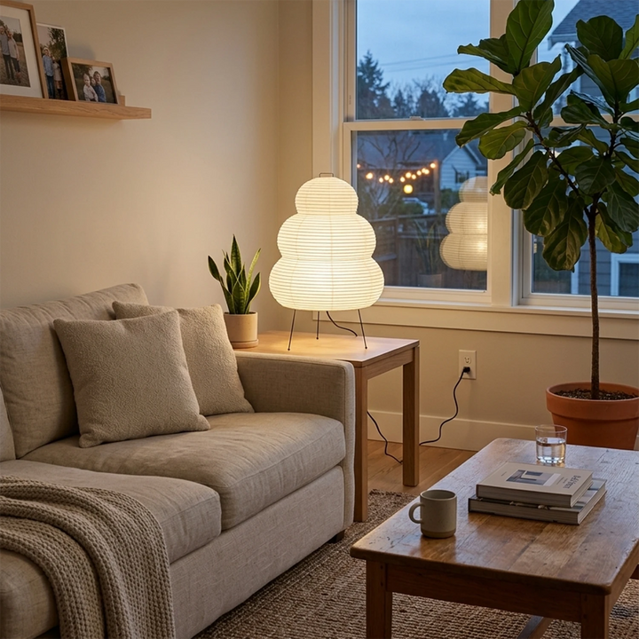 Tiered paper table lamp on a nightstand in a serene bright bedroom