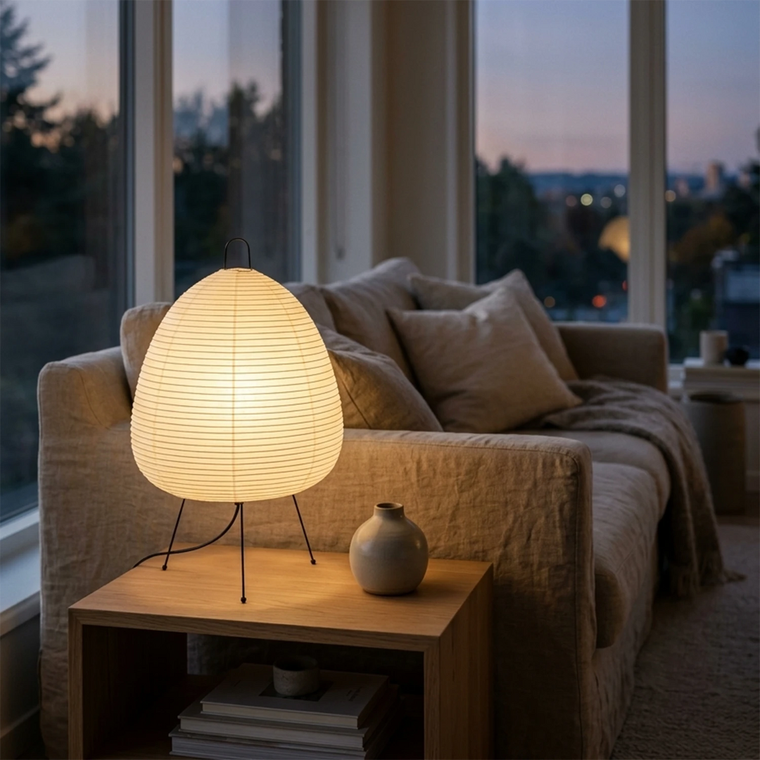 Tripod paper table lamp glowing on a side table beside a linen sofa at dusk