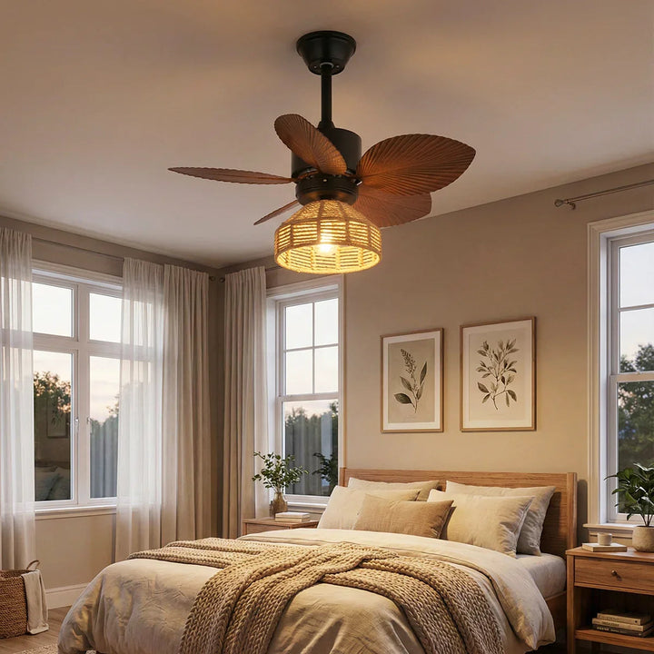 Tropical Palm Leaf Hemp Rope Ceiling Fan Light