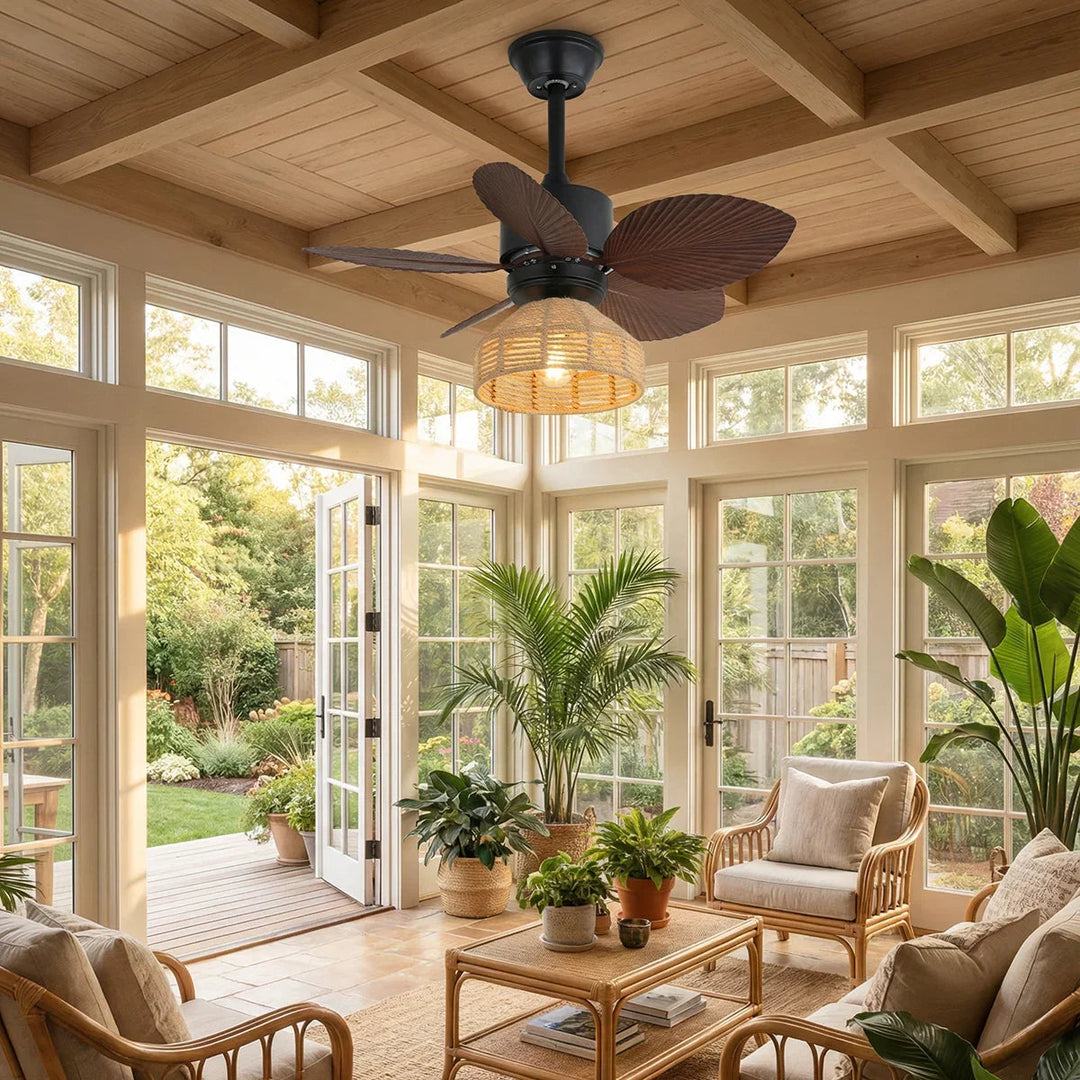 Tropical Palm Leaf Hemp Rope Ceiling Fan Light