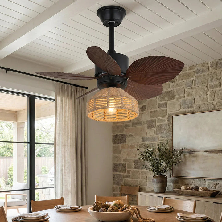 Tropical Palm Leaf Hemp Rope Ceiling Fan Light