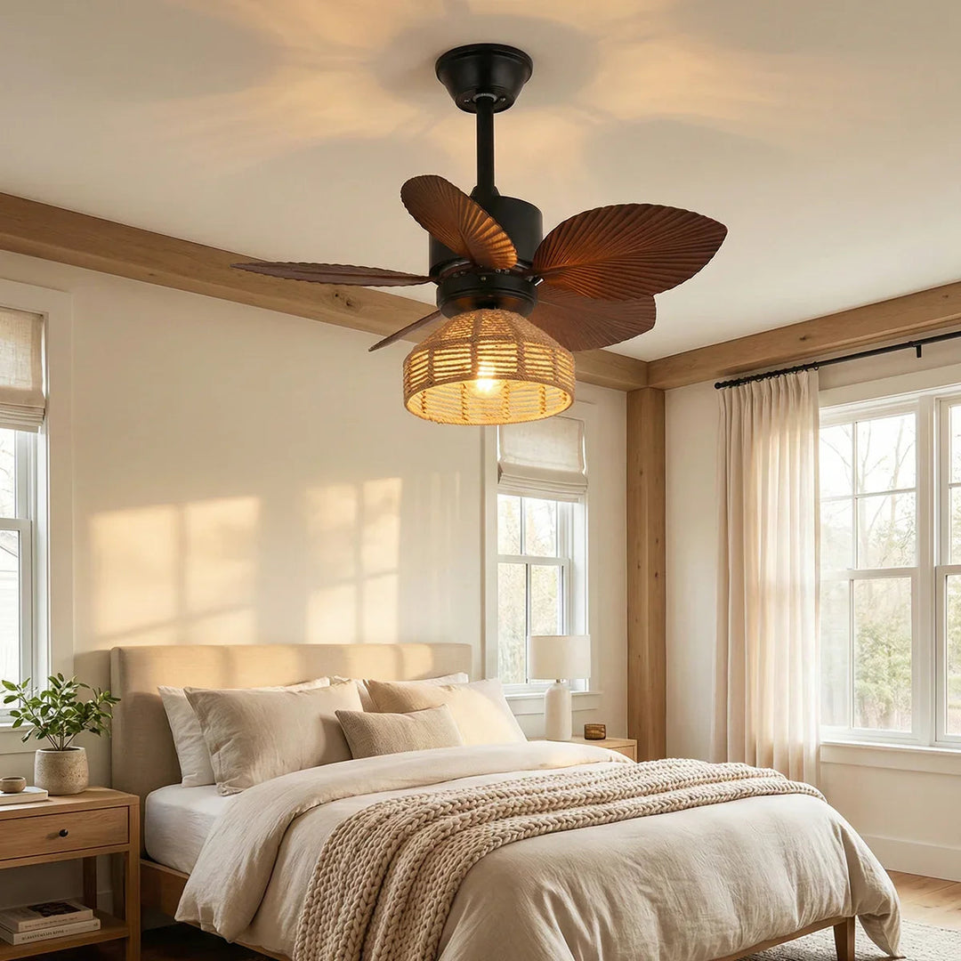 Tropical Palm Leaf Hemp Rope Ceiling Fan Light