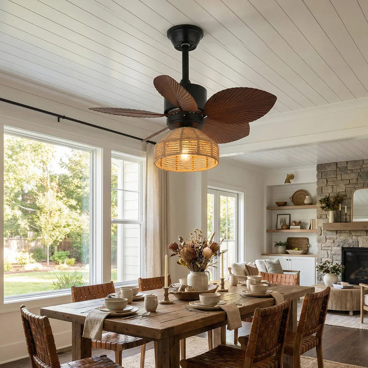 Tropical Palm Leaf Hemp Rope Ceiling Fan Light