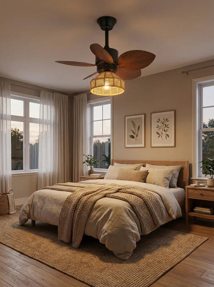 Tropical Palm Leaf Hemp Rope Ceiling Fan Light