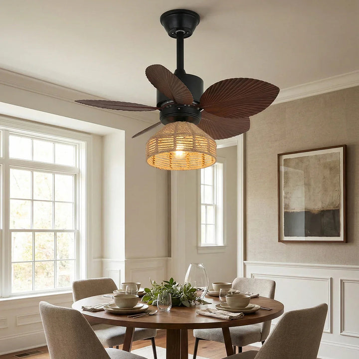 Tropical Palm Leaf Hemp Rope Ceiling Fan Light