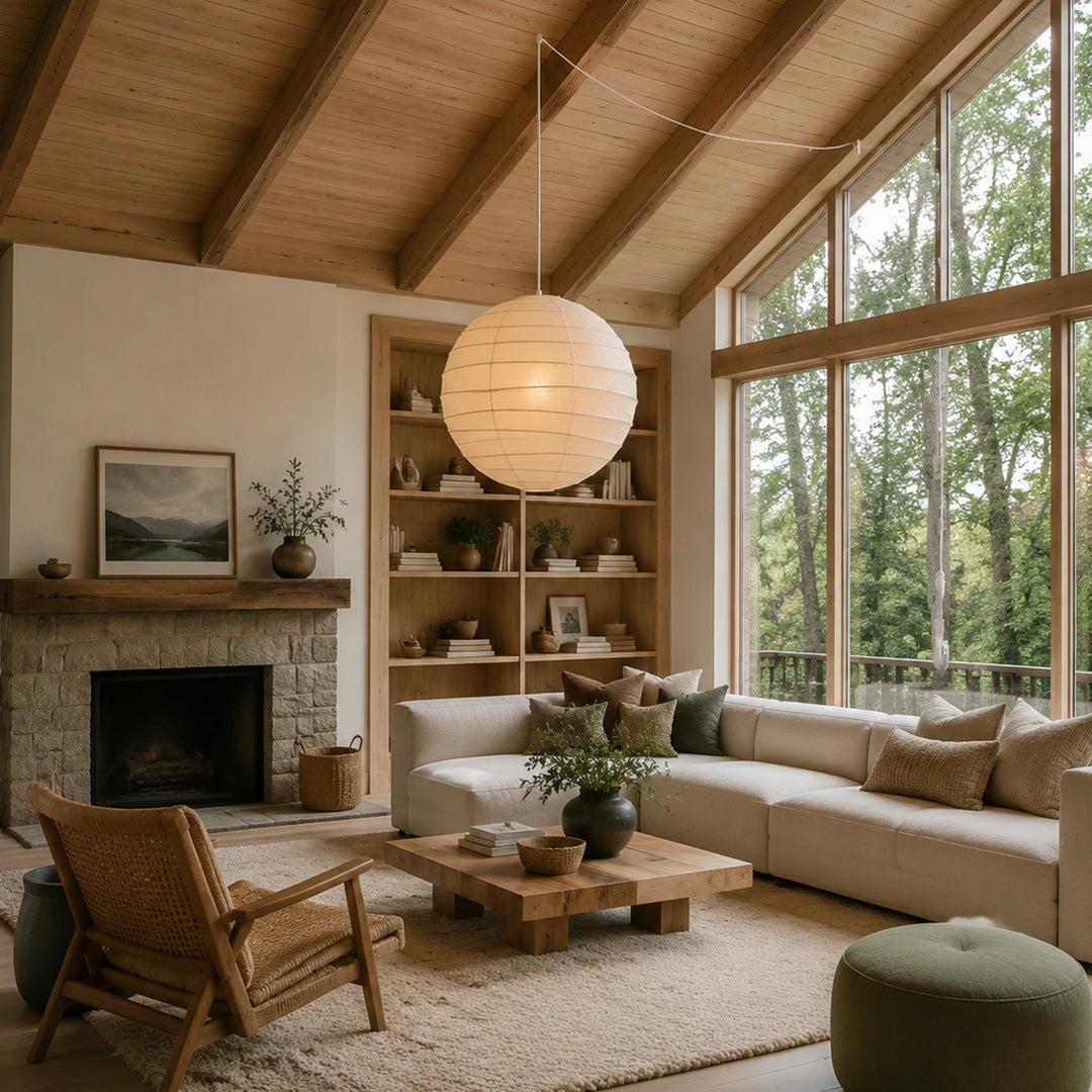 Paper pendant glowing under exposed timber beams in a warm living room