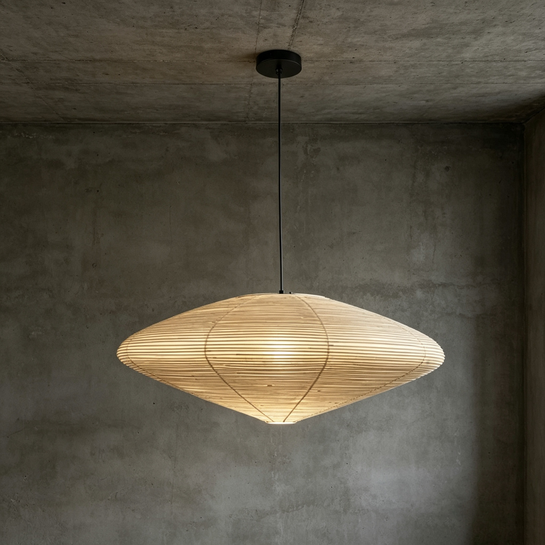 Lit diamond oval washi paper pendant lamp with black suspension cord on concrete ceiling