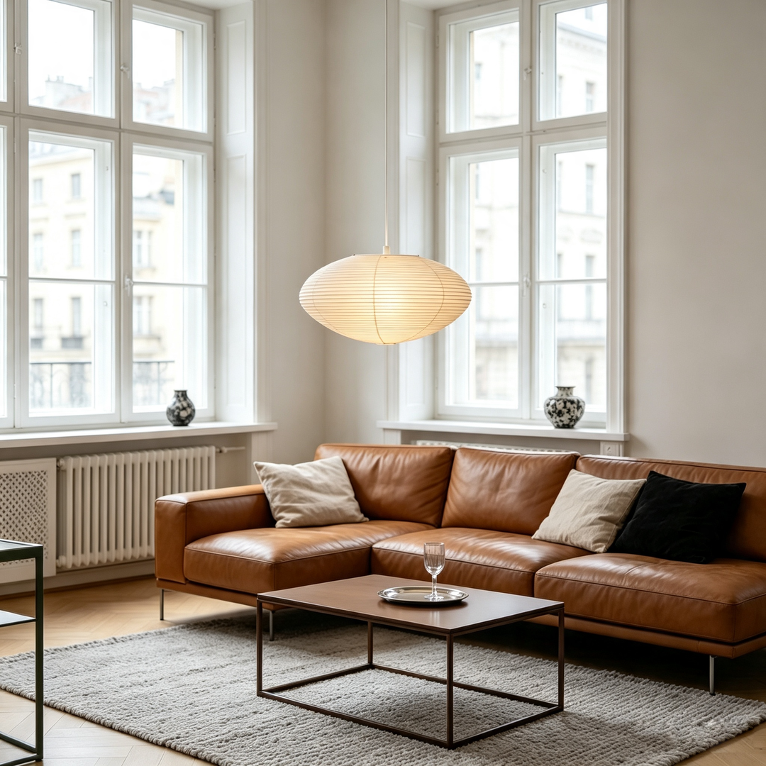 Washi paper oval pendant light in european style living room with vintage brown leather sectional sofa