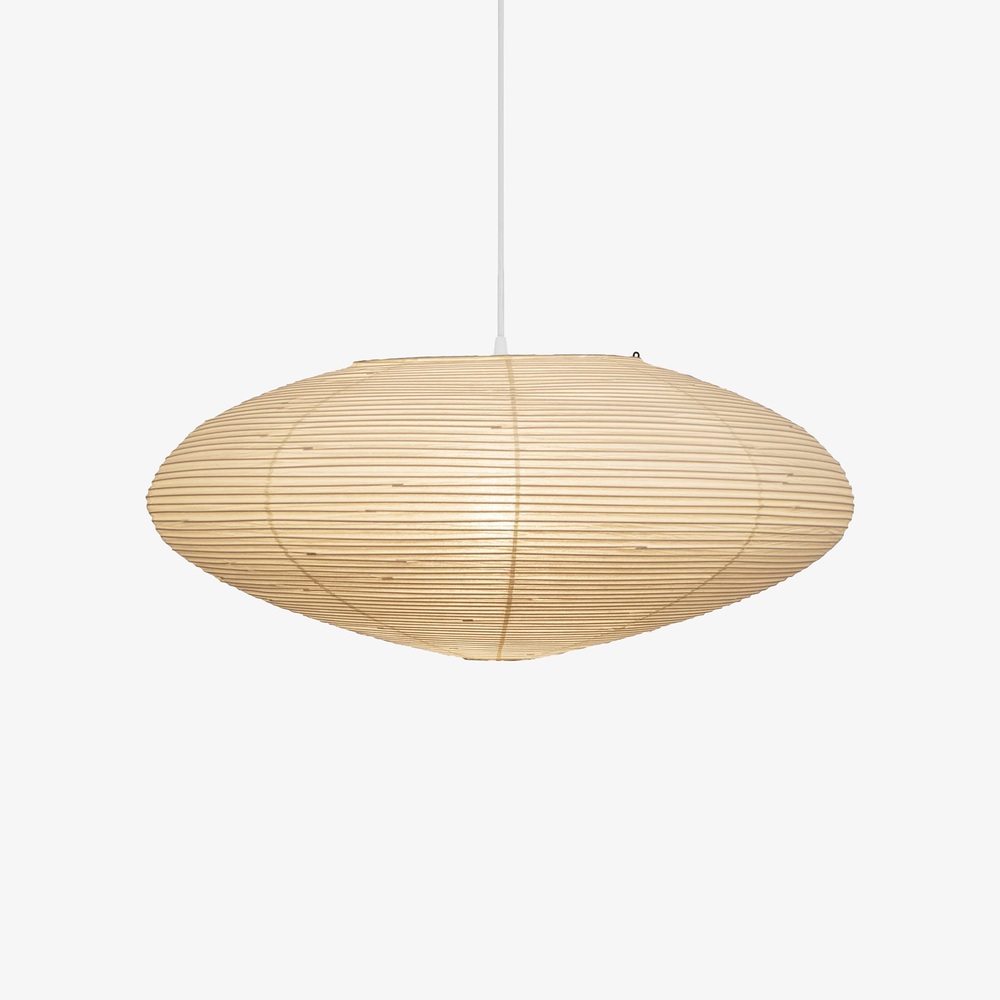 Warm glowing oval washi paper pendant light full view on pure white seamless background
