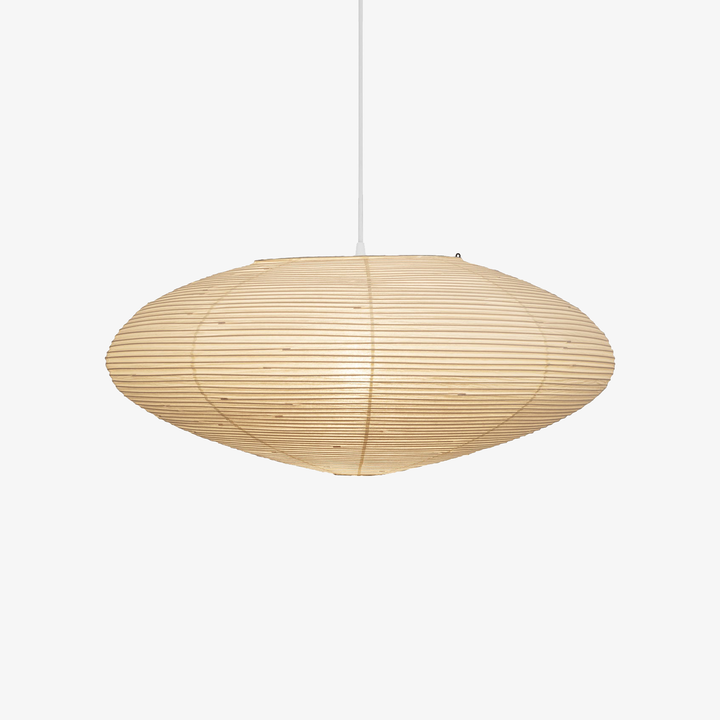 Warm glowing oval washi paper pendant light full view on pure white seamless background