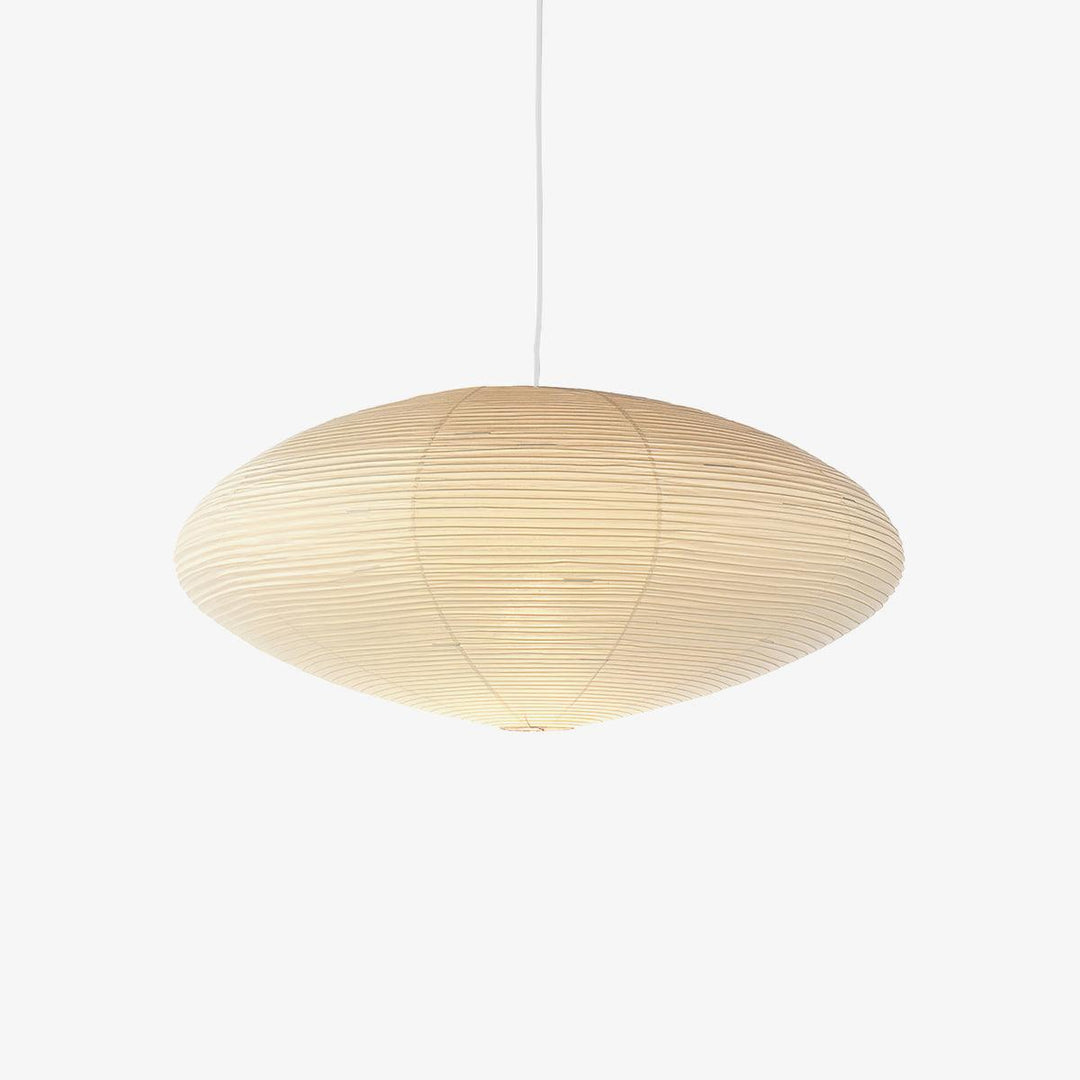 Warm glowing oval washi paper pendant light full view on pure white seamless background