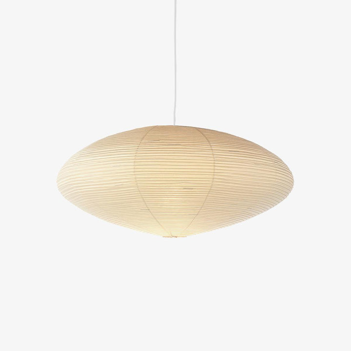 Warm glowing oval washi paper pendant light full view on pure white seamless background