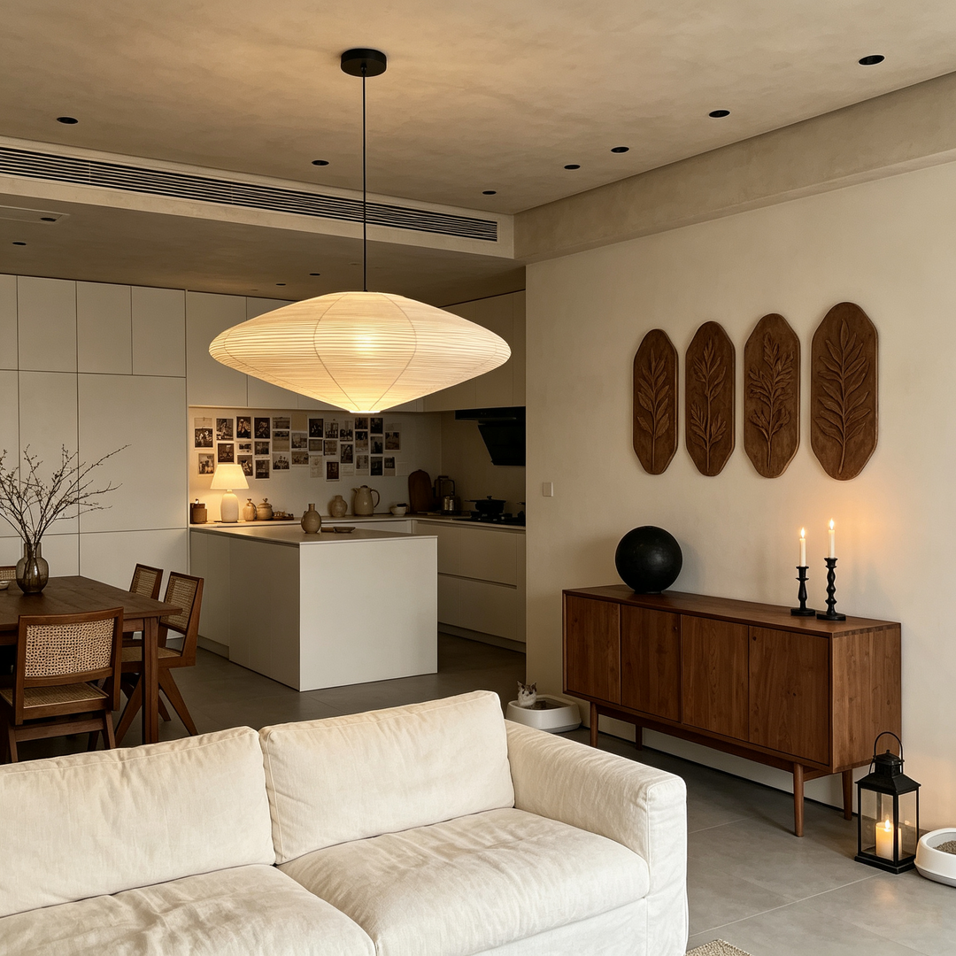 Warm lit washi paper oval pendant above dining zone connected with minimalist white open kitchen