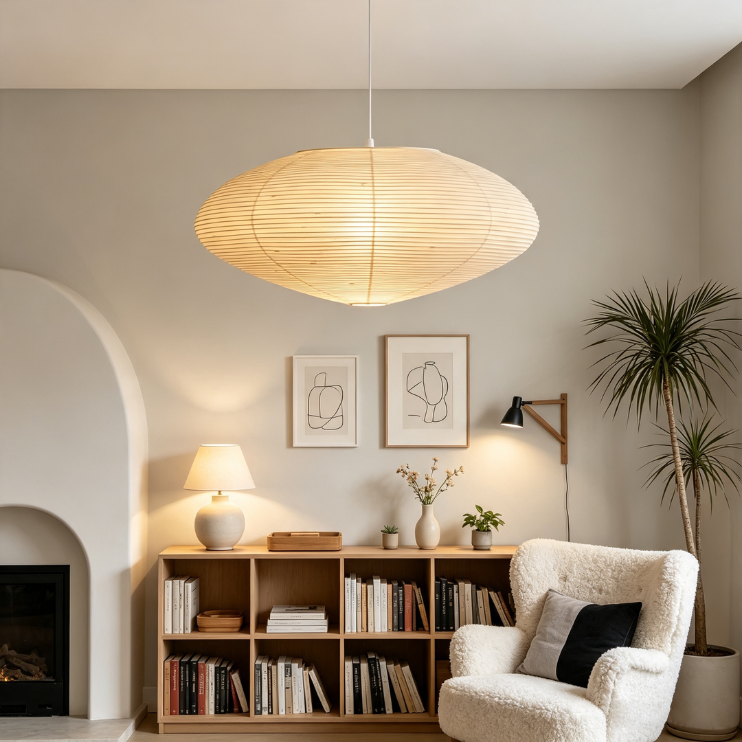 Oval washi paper pendant lamp in cozy neutral study nook with full wooden open book shelving