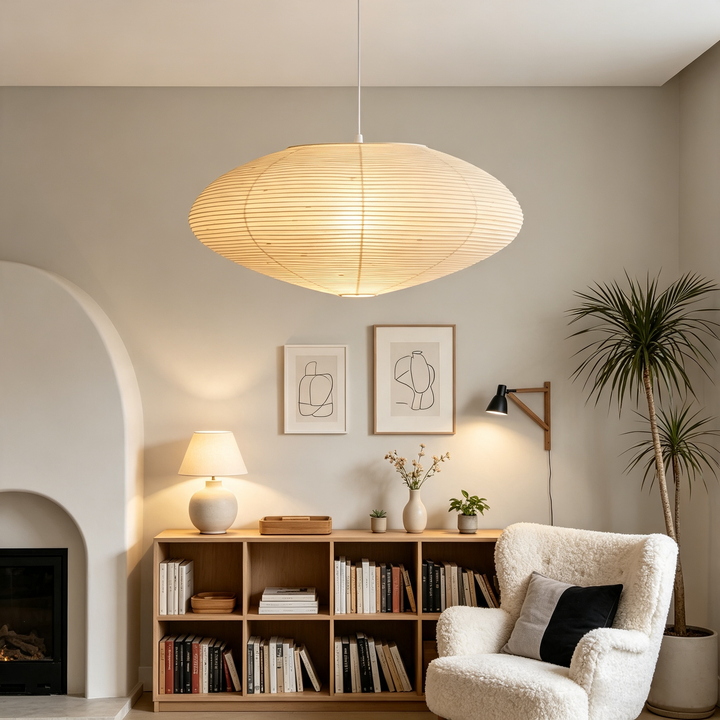 Oval washi paper pendant lamp in cozy neutral study nook with full wooden open book shelving