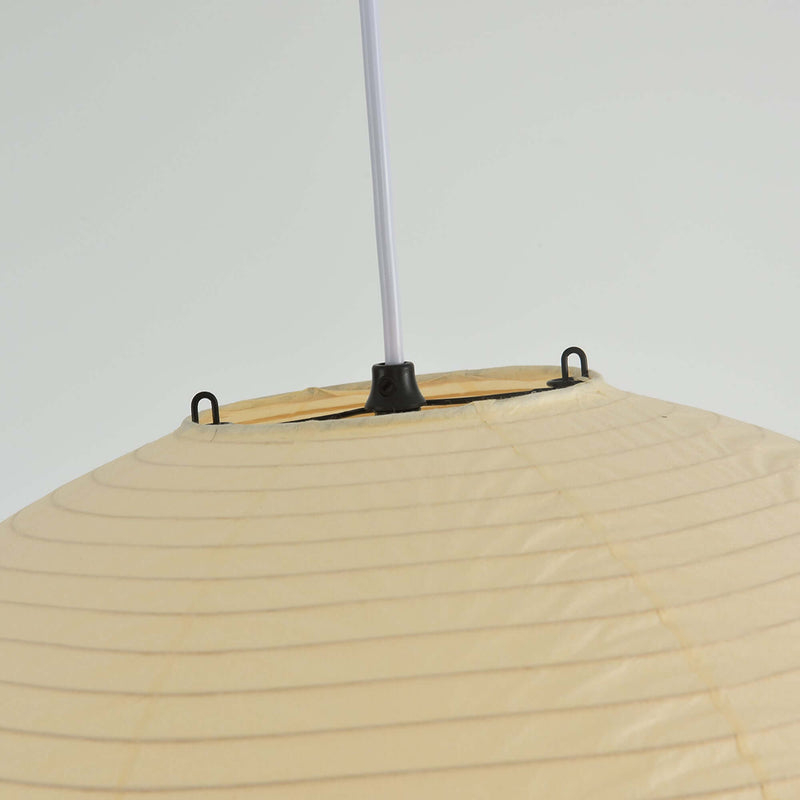 Top partial shot of washi paper pendant with black suspension cord and paper layered texture