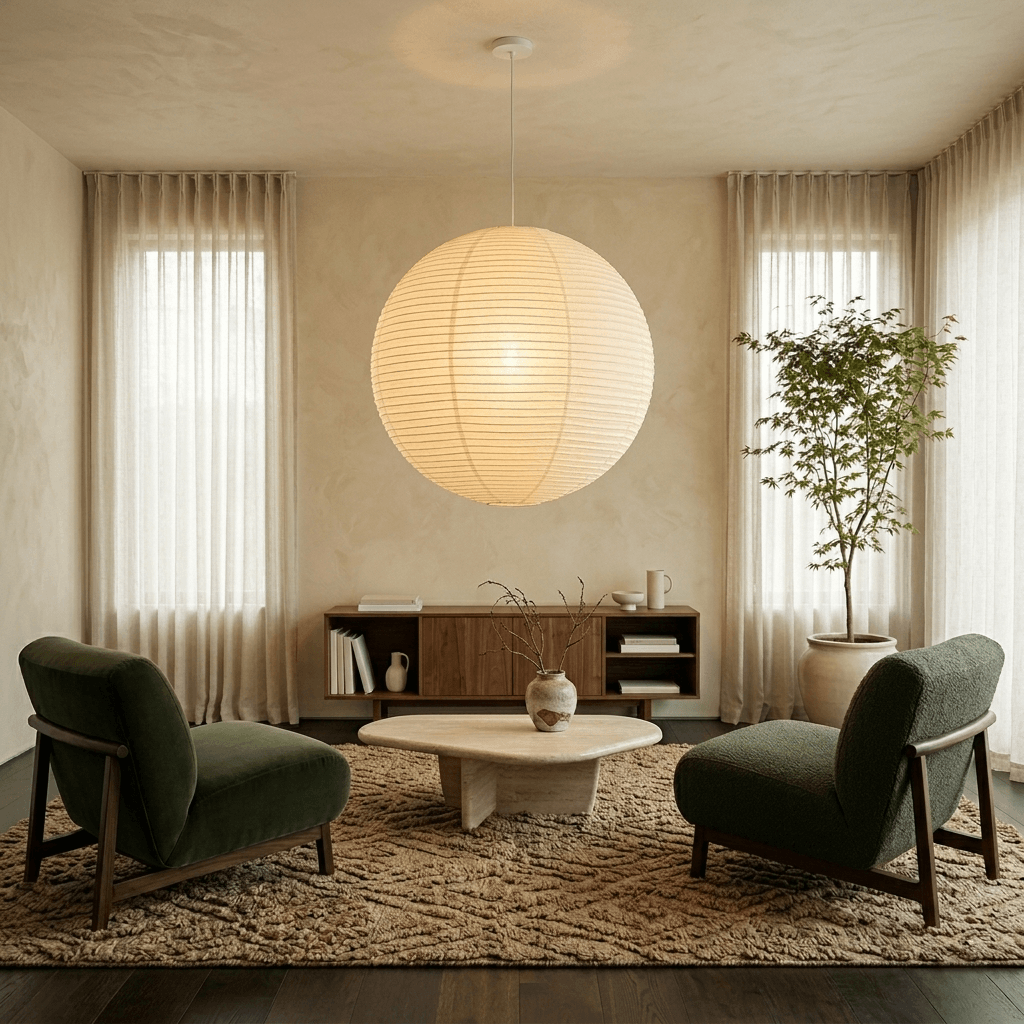 Washi paper pendant light decorating modern lounge corner with two fabric armchairs