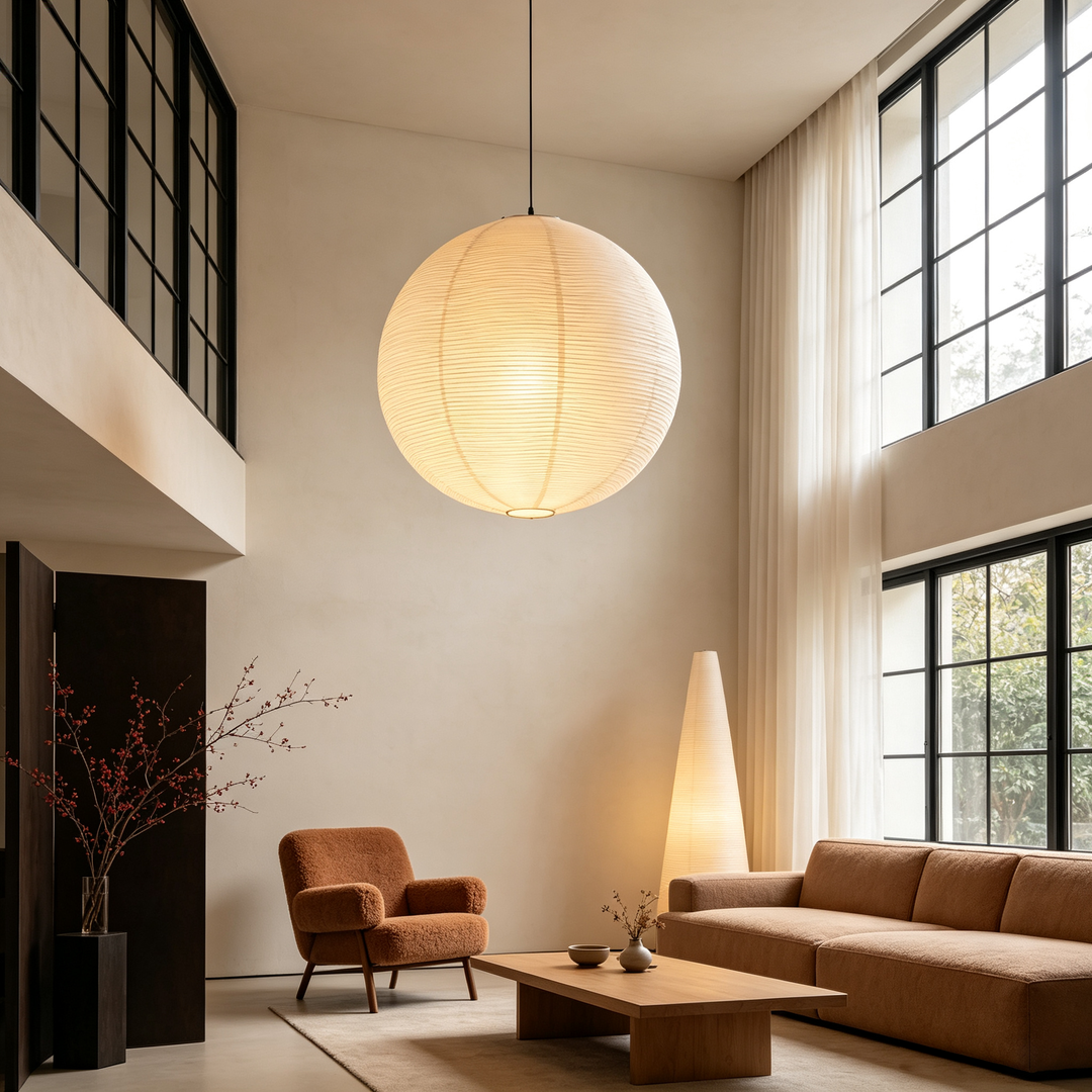 Close shot of glowing washi paper sphere pendant against textured dark interior wall