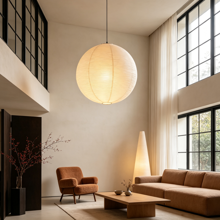 Close shot of glowing washi paper sphere pendant against textured dark interior wall