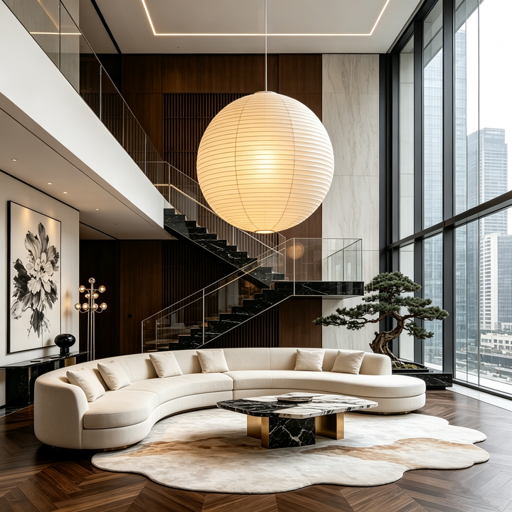 Giant washi paper spherical pendant centered in two-story high foyer with curved white sectional sofa and glass staircase railing