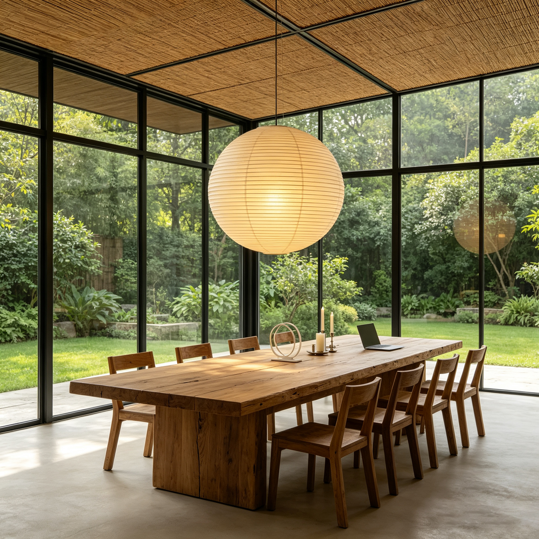 Wabi-sabi dining sunroom with full glass wall and glowing washi paper sphere pendant