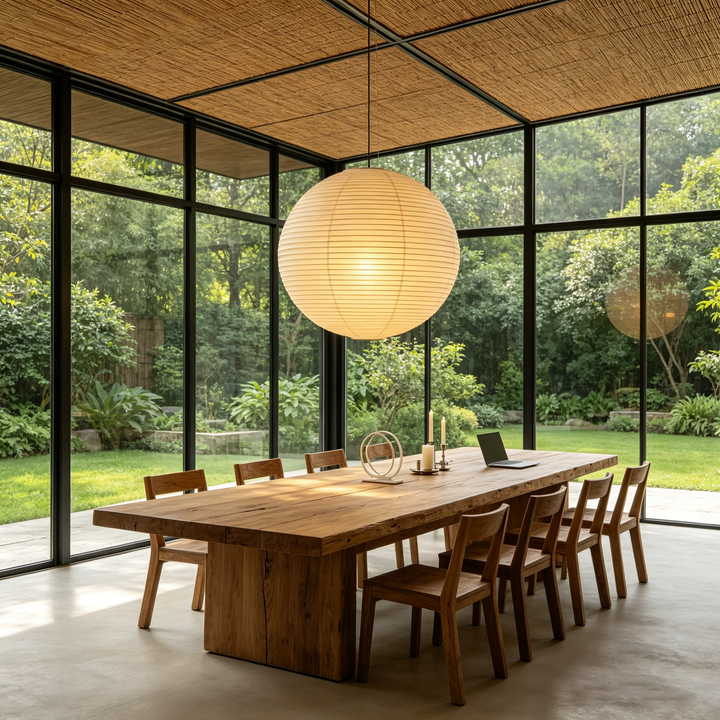 Wabi-sabi dining sunroom with full glass wall and glowing washi paper sphere pendant