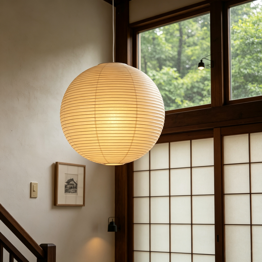 Washi paper sphere pendant hanging on smooth plain grey ceiling, no extra decor